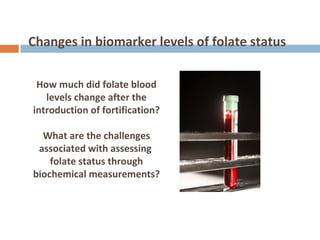Changes in biomarker levels of folate status
How much did folate blood
levels change after the
introduction of fortification?
What are the challenges
associated with assessing
folate status through
biochemical measurements?
 