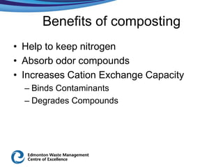 Benefits of composting
• Help to keep nitrogen
• Absorb odor compounds
• Increases Cation Exchange Capacity
  – Binds Contaminants
  – Degrades Compounds
 