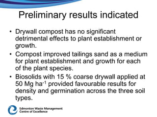 Preliminary results indicated
• Drywall compost has no significant
  detrimental effects to plant establishment or
  growth.
• Compost improved tailings sand as a medium
  for plant establishment and growth for each
  of the plant species.
• Biosolids with 15 % coarse drywall applied at
  50 Mg ha-1 provided favourable results for
  density and germination across the three soil
  types.
 