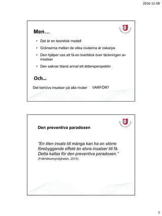 2016-12-08
7
Men…
• Det är en teoretisk modell
• Gränserna mellan de olika nivåerna är oskarpa
• Den hjälper oss att få en överblick över täckningen av
insatser
• Den saknar bland annat ett åldersperspektiv
Och…
Det behövs insatser på alla nivåer VARFÖR?
Den preventiva paradoxen
”En liten insats till många kan ha en större
förebyggande effekt än stora insatser till få.
Detta kallas för den preventiva paradoxen.”
(Folkhälsomyndigheten, 2015)
 