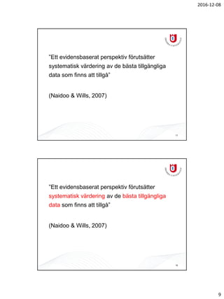 2016-12-08
9
”Ett evidensbaserat perspektiv förutsätter
systematisk värdering av de bästa tillgängliga
data som finns att tillgå”
(Naidoo & Wills, 2007)
17
”Ett evidensbaserat perspektiv förutsätter
systematisk värdering av de bästa tillgängliga
data som finns att tillgå”
(Naidoo & Wills, 2007)
18
 