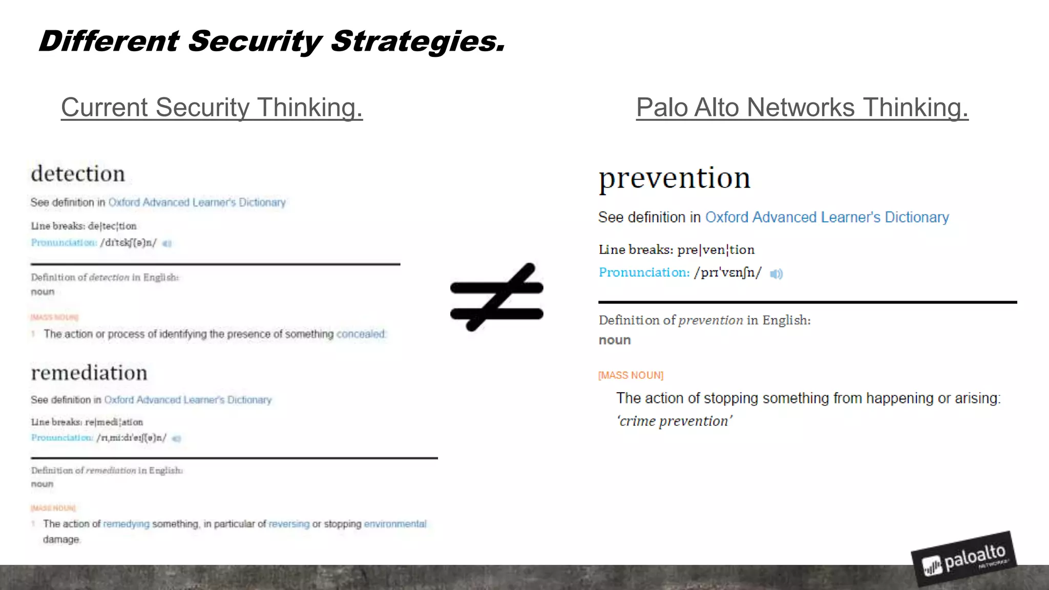 Different Security Strategies.
Current Security Thinking. Palo Alto Networks Thinking.
 