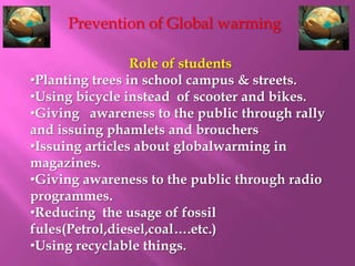 Prevention of Global warmingRole of studentsPlanting trees in school campus & streets.