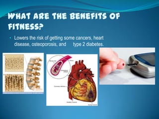 What are the benefits of
fitness?
• Lowers the risk of getting some cancers, heart
  disease, osteoporosis, and    type 2 diabetes.
 