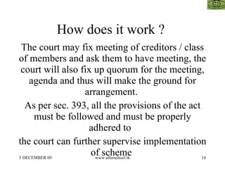 How does it work ?
 The court may fix meeting of creditors / class
of members and ask them to have meeting, the
 court will also fix up quorum for the meeting,
    agenda and thus will make the ground for
                   arrangement.
   As per sec. 393, all the provisions of the act
      must be followed and must be properly
                    adhered to
the court can further supervise implementation
5 DECEMBER 09
                    of scheme
                      www.afterschool.tk          14
 