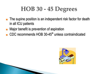 ■ The supine position is an independent risk factor for death
in all ICU patients
■ Major benefit is prevention of aspiration
■ CDC recommends HOB 30-45° unless contraindicated
 