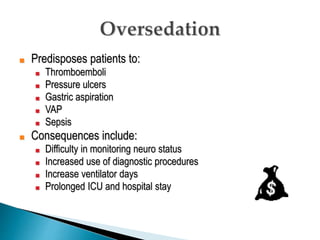 ■ Predisposes patients to:
■ Thromboemboli
■ Pressure ulcers
■ Gastric aspiration
■ VAP
■ Sepsis
■ Consequences include:
■ Difficulty in monitoring neuro status
■ Increased use of diagnostic procedures
■ Increase ventilator days
■ Prolonged ICU and hospital stay
 