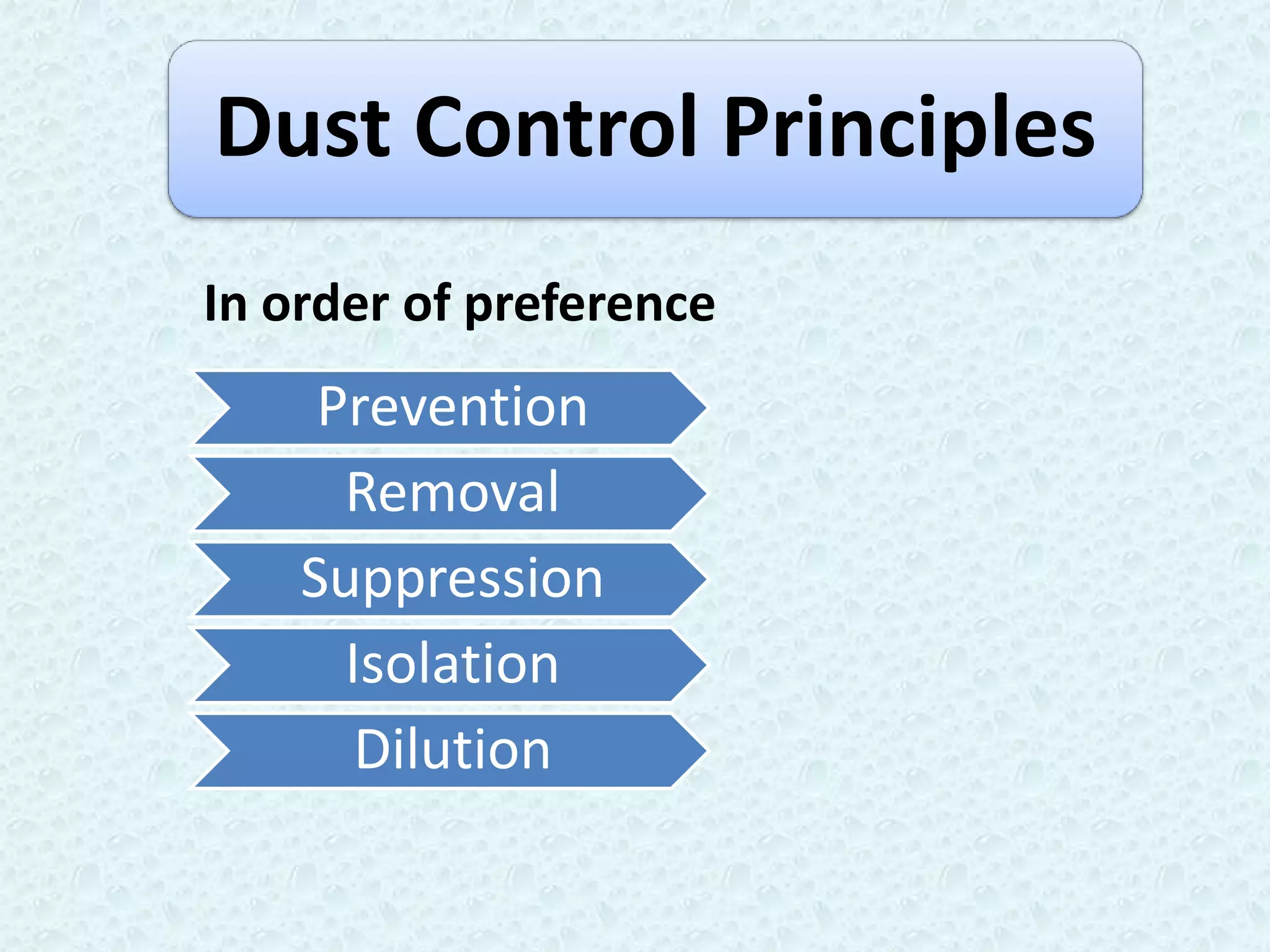 Dust Control Principles
In order of preference
     Prevention
      Removal
    Suppression
      Isolation
       Dilution
 