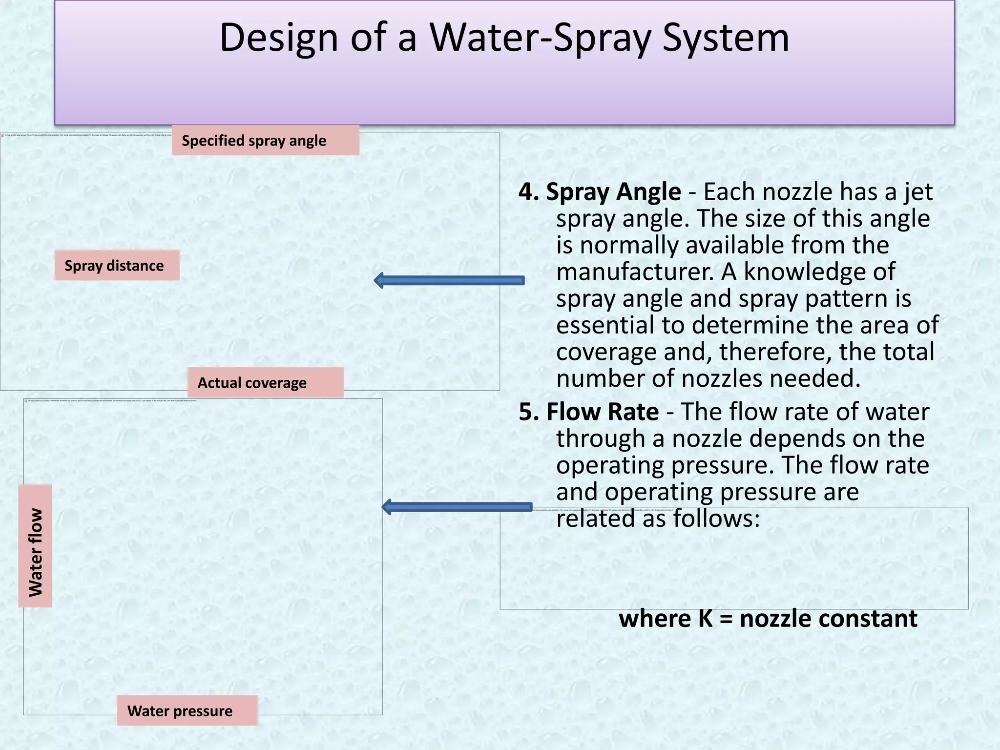 Design of a Water-Spray System

                              Specified spray angle


                                                      4. Spray Angle - Each nozzle has a jet
                                                          spray angle. The size of this angle
                                                          is normally available from the
             Spray distance
                                                          manufacturer. A knowledge of
                                                          spray angle and spray pattern is
                                                          essential to determine the area of
                                                          coverage and, therefore, the total
                                Actual coverage           number of nozzles needed.
                                                      5. Flow Rate - The flow rate of water
                                                          through a nozzle depends on the
                                                          operating pressure. The flow rate
                                                          and operating pressure are
                                                          related as follows:
Water flow




                                                               where K = nozzle constant


                     Water pressure
 