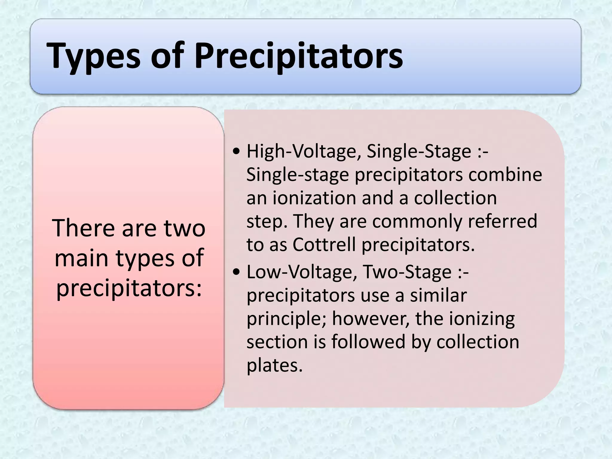 Types of Precipitators

                 • High-Voltage, Single-Stage :-
                   Single-stage precipitators combine
                   an ionization and a collection
There are two      step. They are commonly referred
                   to as Cottrell precipitators.
main types of    • Low-Voltage, Two-Stage :-
precipitators:     precipitators use a similar
                   principle; however, the ionizing
                   section is followed by collection
                   plates.
 