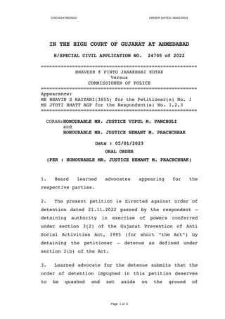 C/SCA/24705/2022 ORDER DATED: 05/01/2023
IN THE HIGH COURT OF GUJARAT AT AHMEDABAD
R/SPECIAL CIVIL APPLICATION NO. 24705 o...
