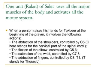 One unit (Rakat) of Salat  uses all the major muscles of the body and activates all the motor system. When a person raises his hands for Takbeer at the beginning of the prayer, it involves the following actions: • The abduction of the shoulders, controlled by C5 (C here stands for the cervical part of the spinal cord.); • The flexion of the elbow, controlled by C5,6; • The extension of the wrist, controlled by C7,8; • The adduction of fingers, controlled by C8, T1. (T stands for Thoracic) 