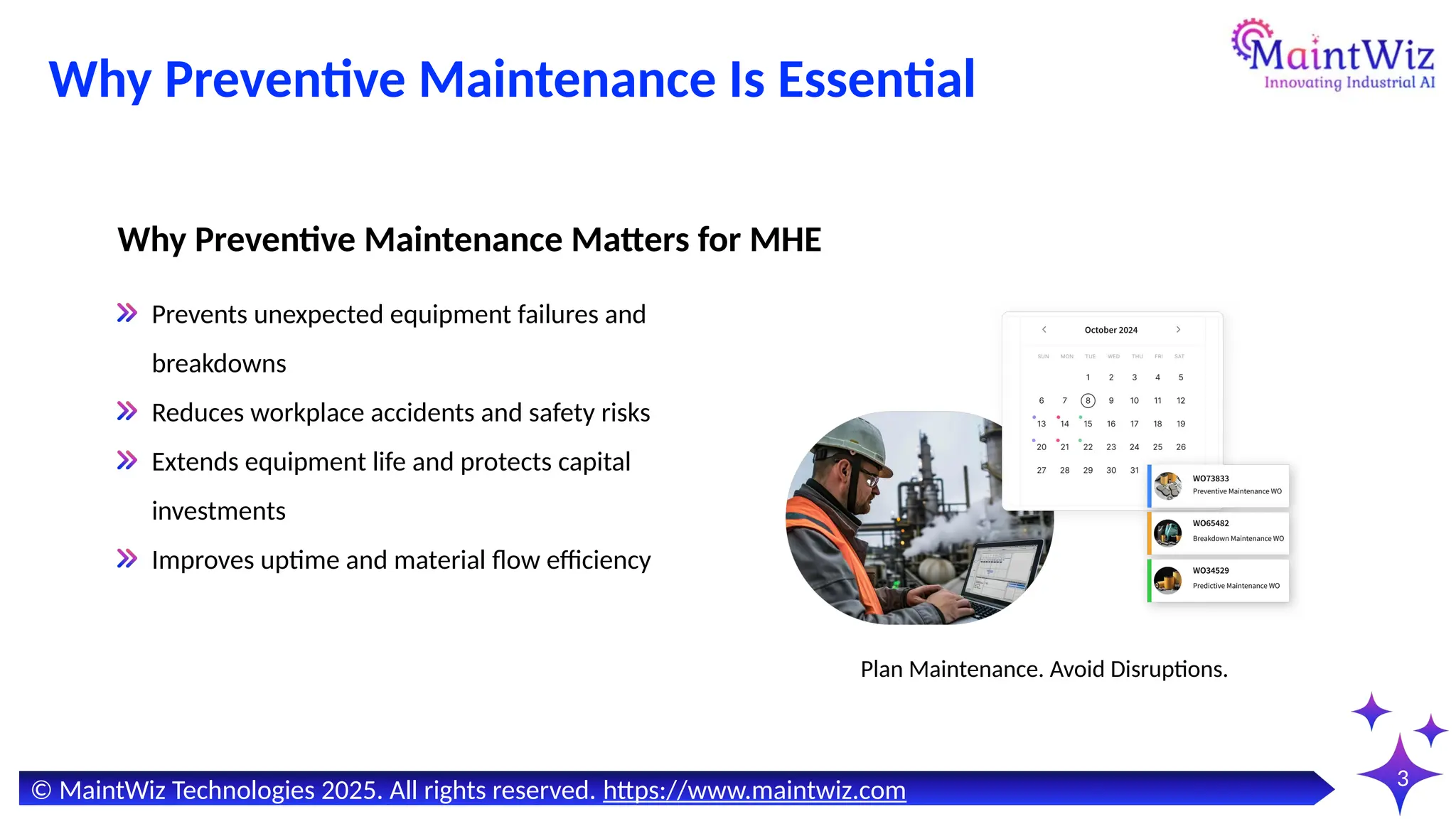 Why Preventive Maintenance Is Essential
3
Plan Maintenance. Avoid Disruptions.
Why Preventive Maintenance Matters for MHE
Prevents unexpected equipment failures and
breakdowns
Reduces workplace accidents and safety risks
Extends equipment life and protects capital
investments
Improves uptime and material flow efficiency
© MaintWiz Technologies 2025. All rights reserved. https://www.maintwiz.com
 
