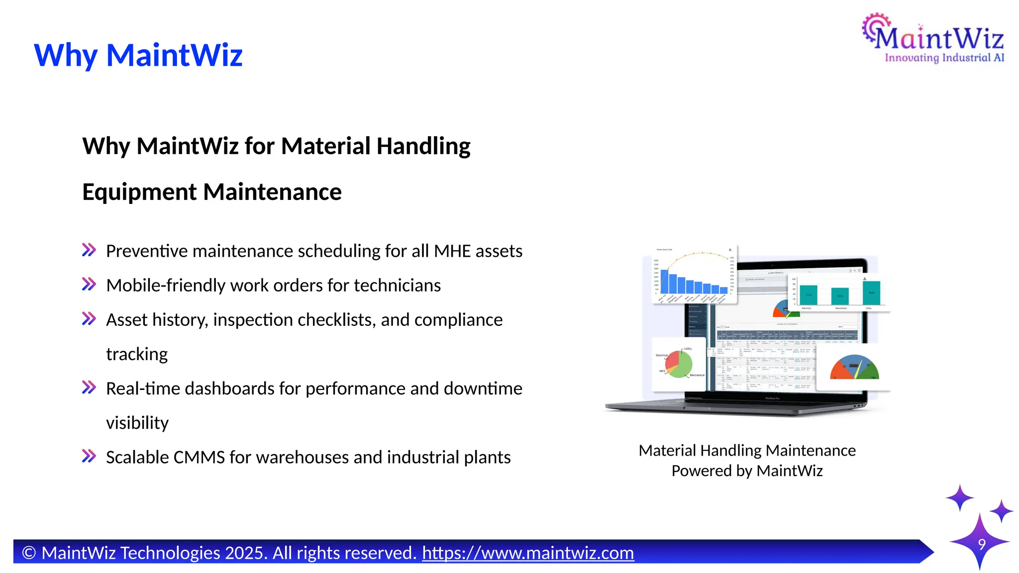 9
Preventive maintenance scheduling for all MHE assets
Mobile-friendly work orders for technicians
Asset history, inspection checklists, and compliance
tracking
Real-time dashboards for performance and downtime
visibility
Scalable CMMS for warehouses and industrial plants
Why MaintWiz for Material Handling
Equipment Maintenance
Material Handling Maintenance
Powered by MaintWiz
© MaintWiz Technologies 2025. All rights reserved. https://www.maintwiz.com
Why MaintWiz
 