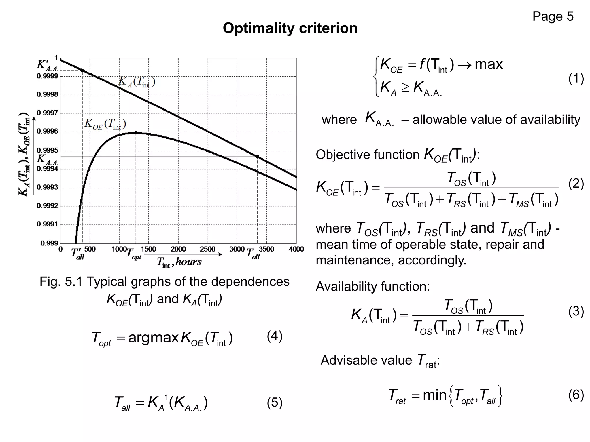 Optimality criterion
Page 5
Fig. 5.1 Typical graphs of the dependences
KOE(Tint) and KA(Tint)
where – allowable value of availability
Objective function KOE(Tint):
where TOS(Tint), TRS(Tint) and TMS(Tint) -
mean time of operable state, repair and
maintenance, accordingly.
Availability function:
Advisable value Trat:
(1)
(3)
(4)
(5)
(6)
 


int
A.A.
(T ) maxOE
A
K f
K K
A.A.K
int
int
int int int
(T )
(T )
(T ) (T ) (T )
OS
OE
OS RS MS
T
K
T T T

 
(2)
int
int
int int
(T )
(T )
(T ) (T )
OS
A
OS RS
T
K
T T


intargmax ( )opt OET K T
1
. .( )all A A AT K K
  min ,rat opt allT T T
 