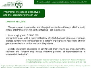 All rights reserved. No part of these slides can be reproduced, stocked or transmitted in no other form and through no other electronic, mechanic, or photocopy way, without the
approval of “Ana Aslan” International Academy of Aging®© “Ana Aslan” International Foundation ®© Brain Aging International Journal ®©.
• The patterns of transmission and biological mechanisms through which a family
history of LOAD confers risk to the offspring – still not known.
• Brain imaging with 18 F-FDG PET:
normal individuals with a maternal history of LOAD, but not with a paternal one,
express a phenotype characterised by a pattern of progressive reductions of brain
glucose metabolism, similar to that in AD patients.
• genetic mutations implicated in EOFAD and their effects on brain chemistry,
structure and function may induce selective patterns of hypometabolism in
maternally inherited AD
Prodromal metabolic phenotype
and the search for genes in AD
L Mosconi et al, 2010. Maternal transmission of Alzheimer's disease: Prodromal
metabolic phenotype and the search for genes. Human Genomics, 4(3): 170 - 193
L Mosconi et al, 2010
Preventive, predictive and personalized medicine, Prof. Luiza Spiru, MD, PHD
 