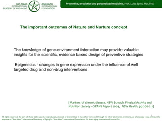 1
Preventive, predictive and personalized medicine, Prof. Luiza Spiru, MD, PHD
All rights reserved. No part of these slides can be reproduced, stocked or transmitted in no other form and through no other electronic, mechanic, or photocopy way, without the
approval of “Ana Aslan” International Academy of Aging®© “Ana Aslan” International Foundation ®© Brain Aging International Journal ®©.
[Markers of chronic disease. NSW Schools Physical Activity and
Nutrition Survey – SPANS Report 2004, NSW Health, pp.206-212]
The important outcomes of Nature and Nurture concept
The knowledge of gene-environment interaction may provide valuable
insights for the scientific, evidence based design of preventive strategies
Epigenetics - changes in gene expression under the influence of well
targeted drug and non-drug interventions
 