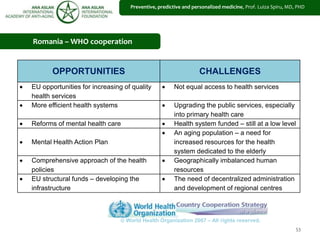 53
Romania – WHO cooperation
OPPORTUNITIES CHALLENGES
EU opportunities for increasing of quality
health services
Not equal access to health services
More efficient health systems Upgrading the public services, especially
into primary health care
Reforms of mental health care Health system funded – still at a low level
Mental Health Action Plan
An aging population – a need for
increased resources for the health
system dedicated to the elderly
Comprehensive approach of the health
policies
Geographically imbalanced human
resources
EU structural funds – developing the
infrastructure
The need of decentralized administration
and development of regional centres
© World Health Organization 2007 – All rights reserved.
Preventive, predictive and personalized medicine, Prof. Luiza Spiru, MD, PHD
 