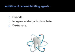 1) Fluoride .
2) Inorganic and organic phosphate.
3) Dextranase.
 
