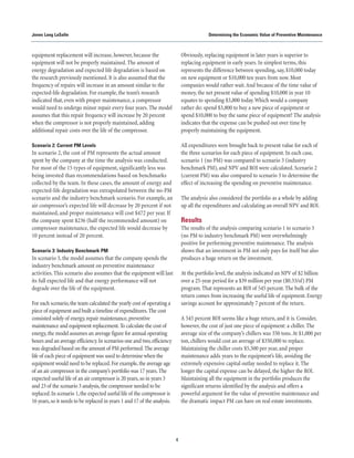 4
Jones Lang LaSalle Determining the Economic Value of Preventive Maintenance
equipment replacement will increase,however,because the
equipment will not be properly maintained.The amount of
energy degradation and expected life degradation is based on
the research previously mentioned.It is also assumed that the
frequency of repairs will increase in an amount similar to the
expected-life degradation.For example, the team’s research
indicated that,even with proper maintenance,a compressor
would need to undergo minor repair every four years.The model
assumes that this repair frequency will increase by 20 percent
when the compressor is not properly maintained,adding
additional repair costs over the life of the compressor.
Scenario 2: Current PM Levels
In scenario 2, the cost of PM represents the actual amount
spent by the company at the time the analysis was conducted.
For most of the 15 types of equipment, significantly less was
being invested than recommendations based on benchmarks
collected by the team. In these cases, the amount of energy and
expected-life degradation was extrapolated between the no-PM
scenario and the industry benchmark scenario. For example, an
air compressor’s expected life will decrease by 20 percent if not
maintained, and proper maintenance will cost $472 per year. If
the company spent $236 (half the recommended amount) on
compressor maintenance, the expected life would decrease by
10 percent instead of 20 percent.
Scenario 3: Industry Benchmark PM
In scenario 3,the model assumes that the company spends the
industry benchmark amount on preventive maintenance
activities.This scenario also assumes that the equipment will last
its full expected life and that energy performance will not
degrade over the life of the equipment.
For each scenario,the team calculated the yearly cost of operating a
piece of equipment and built a timeline of expenditures.The cost
consisted solely of energy,repair maintenance,preventive
maintenance and equipment replacement.To calculate the cost of
energy,the model assumes an average figure for annual operating
hours and an average efficiency.In scenarios one and two,efficiency
was degraded based on the amount of PM performed.The average
life of each piece of equipment was used to determine when the
equipment would need to be replaced.For example,the average age
of an air compressor in the company’s portfolio was 17 years.The
expected useful life of an air compressor is 20 years,so in years 3
and 23 of the scenario 3 analysis,the compressor needed to be
replaced.In scenario 1,the expected useful life of the compressor is
16 years,so it needs to be replaced in years 1 and 17 of the analysis.
Obviously, replacing equipment in later years is superior to
replacing equipment in early years.In simplest terms,this
represents the difference between spending,say,$10,000 today
on new equipment or $10,000 ten years from now.Most
companies would rather wait.And because of the time value of
money,the net present value of spending $10,000 in year 10
equates to spending $3,800 today.Which would a company
rather do: spend $3,800 to buy a new piece of equipment or
spend $10,000 to buy the same piece of equipment? The analysis
indicates that the expense can be pushed out over time by
properly maintaining the equipment.
All expenditures were brought back to present value for each of
the three scenarios for each piece of equipment.In each case,
scenario 1 (no PM) was compared to scenario 3 (industry
benchmark PM),and NPV and ROI were calculated.Scenario 2
(current PM) was also compared to scenario 3 to determine the
effect of increasing the spending on preventive maintenance.
The analysis also considered the portfolio as a whole by adding
up all the expenditures and calculating an overall NPV and ROI.
Results
The results of the analysis comparing scenario 1 to scenario 3
(no PM to industry benchmark PM) were overwhelmingly
positive for performing preventive maintenance.The analysis
shows that an investment in PM not only pays for itself but also
produces a huge return on the investment.
At the portfolio level,the analysis indicated an NPV of $2 billion
over a 25-year period for a $39 million per year ($0.33/sf) PM
program.That represents an ROI of 545 percent.The bulk of the
return comes from increasing the useful life of equipment.Energy
savings account for approximately 7 percent of the return.
A 545 percent ROI seems like a huge return,and it is.Consider,
however,the cost of just one piece of equipment: a chiller.The
average size of the company’s chillers was 350 tons.At $1,000 per
ton,chillers would cost an average of $350,000 to replace.
Maintaining the chiller costs $5,500 per year,and proper
maintenance adds years to the equipment’s life,avoiding the
extremely expensive capital outlay needed to replace it.The
longer the capital expense can be delayed,the higher the ROI.
Maintaining all the equipment in the portfolio produces the
significant returns identified by the analysis and offers a
powerful argument for the value of preventive maintenance and
the dramatic impact PM can have on real estate investments.
 