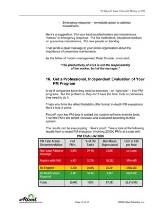 16 Ways to Save Time and Money on PM

−

Emergency response – immediate action to address
breakdowns.

Here’s a suggestion: Put your best troubleshooters and maintenance
“heroes” in emergency response. Put the methodical, disciplined workers
on preventive maintenance. Put new people on backlog.
That sends a clear message to your entire organization about the
importance of preventive maintenance.
As the father of modern management, Peter Drucker, once said:
“The productivity of work is not the responsibility
of the worker, but of the manager.”

16. Get a Professional, Independent Evaluation of Your
PM Program
A lot of companies know they need to downsize – or “right-size” – their PM
programs. But the problem is, they don’t have the time, tools or processes
they need to do it.
That’s why firms like Allied Reliability offer formal, in-depth PM evaluations.
Here’s how it works.
First off, your key PM data is loaded into custom software analysis tools.
Then the PM’s are sorted, reviewed and evaluated according to their
content.
The results can be eye-popping. Here’s proof: Take a look at the following
results from a recent PM evaluation involving 20,000 PM’s at a steel mill:

PM EVALUATION
PM Task Action
Recommendation

# of
PM’s

% of PM
Tasks

Man-Hours
Represented

Cost at $30
per hour

Non-Value Added or
Reassign

5,876

29.4%

23,867

$716,010

Replace with PdM

6,437

32.2%

28,222

$846,660

Re-Engineer

5,200

26.0%

26,221

$786,630

No Modifications
Required

2,487

10.4%

8,987

$269,610

Totals

20,000

100%

87,297

$2,618,910

www.alliedreliability.com

Page 15 of 18

©2006 Allied Reliability, Inc.

 