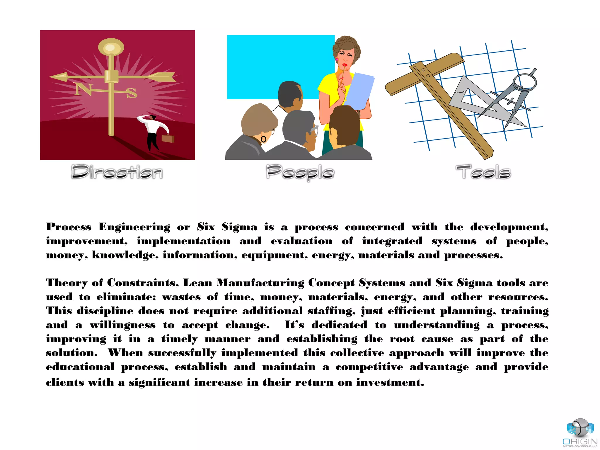 Process Engineering or Six Sigma is a process concerned with the development,
improvement, implementation and evaluation of integrated systems of people,
money, knowledge, information, equipment, energy, materials and processes.
Theory of Constraints, Lean Manufacturing Concept Systems and Six Sigma tools are
used to eliminate: wastes of time, money, materials, energy, and other resources.
This discipline does not require additional staffing, just efficient planning, training
and a willingness to accept change. It’s dedicated to understanding a process,
improving it in a timely manner and establishing the root cause as part of the
solution. When successfully implemented this collective approach will improve the
educational process, establish and maintain a competitive advantage and provide
clients with a significant increase in their return on investment.
 