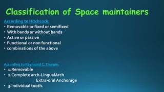 Classification of Space maintainers
According to Hitchcock:
According to Raymond C.Thurow:
 