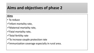 Aims and objectives of phase 2
Aims
• To reduce
Infant mortality rate,
Maternal mortality rate,
Fatal mortality rate,
Total fertility rate
To increase couple protection rate
Immunization coverage especially in rural area.
 