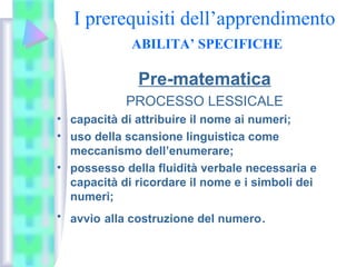 I prerequisiti dell’apprendimento
ABILITA’ SPECIFICHE
Pre-matematica
PROCESSO LESSICALE
• capacità di attribuire il nome ai numeri;
• uso della scansione linguistica come
meccanismo dell’enumerare;
• possesso della fluidità verbale necessaria e
capacità di ricordare il nome e i simboli dei
numeri;
• avvio alla costruzione del numero.
 