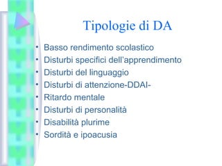 Tipologie di DA
• Basso rendimento scolastico
• Disturbi specifici dell’apprendimento
• Disturbi del linguaggio
• Disturbi di attenzione-DDAI-
• Ritardo mentale
• Disturbi di personalità
• Disabilità plurime
• Sordità e ipoacusia
 