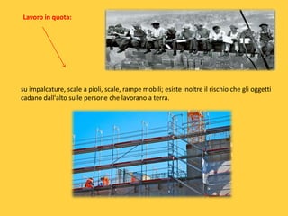 Lavoro in quota:

su impalcature, scale a pioli, scale, rampe mobili; esiste inoltre il rischio che gli oggetti
cadano dall'alto sulle persone che lavorano a terra.

 