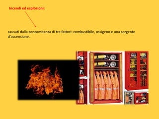 Incendi ed esplosioni:

causati dalla concomitanza di tre fattori: combustibile, ossigeno e una sorgente
d'accensione.

 