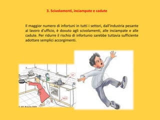 3. Scivolamenti, inciampate e cadute

Il maggior numero di infortuni in tutti i settori, dall'industria pesante
al lavoro d'ufficio, è dovuto agli scivolamenti, alle inciampate e alle
cadute. Per ridurre il rischio di infortunio sarebbe tuttavia sufficiente
adottare semplici accorgimenti.

 