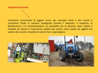 Trasporto sul lavoro:

movimenti incontrollati di oggetti come, per esempio, barili e altri carichi e
contenitori fissati in maniera inadeguata durante il deposito, il trasporto, la
distribuzione o la movimentazione. La possibilità che le persone siano colpite o
investite da veicoli in movimento, cadano dai veicoli, siano colpite da oggetti che
cadono dai veicoli o travolte da veicoli che si capovolgono.

 