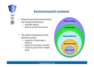 Environmental contexts
                   E i       t l    t t

•   Physical and social environments: 
                                             Public policy
    the context for behavior
     – Available options
     – Ways to present the choices            Community



•   The choice architecture of the           Organizational
    decision context 
     – supports or discourages a 
          pp                 g
       behavior                              Interpersonal
     – guides the formation of habits
     – Is built by actors from multiple 
       levels                                  Individual




                          www.preve‐eu.org
 