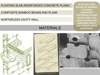 FLOATING SLAB (REINFORCED CONCRETE PLANK)
COMPOSITE BAMBOO BEAMS AND PLANK
MORTARLESS CAVITY WALL
MATERIALS
IN THE END, PREVI
BECAME AN ANOMALY:
A HOUSING
LABORATORY
CONTAINING SO MANY
DESIGN IDEAS, THAT
WAS SO DIVERSE AND
ADAPTABLE THAT IT
CAN PROBABLY NEVER
BE REPEATED.
 
