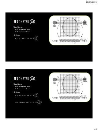 18/09/2015
44
Considere:
 N0  intensidade inicial
 Ni  intensidade final
Então...
RECONSTRUÇÃO
𝑁𝑖 = 𝑁0 𝑒−𝜇𝑤 𝜇𝑤 = − ln
𝑁𝑖
𝑁0
Considere:
 N0  intensidade inicial
 Ni  intensidade final
Então...
RECONSTRUÇÃO
𝑁𝑖 = 𝑁0 𝑒−𝜇𝑤 𝜇𝑤 = − ln
𝑁𝑖
𝑁0
𝜇1 𝑤1 + 𝜇2 𝑤2 + 𝜇3 𝑤3 + ⋯ = − ln
𝑁𝑖
𝑁0
 