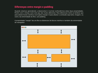 Diferenças entre margin e padding
Quando estamos aprendendo a desenvolver é normal confundirmos estas duas propriedades.
Porém com o tempo você verá que são muito diferentes. Para diferenciar tente se lembrar que
para afastar boxes vizinhos você aplica margin. E para afastar o conteúdo seja texto, imagem, ou
outro, da extremidade do Box, use padding.
A propriedade “margin” faz um Box se distanciar de blocos vizinhos e também da extremidade
do navegador.
 