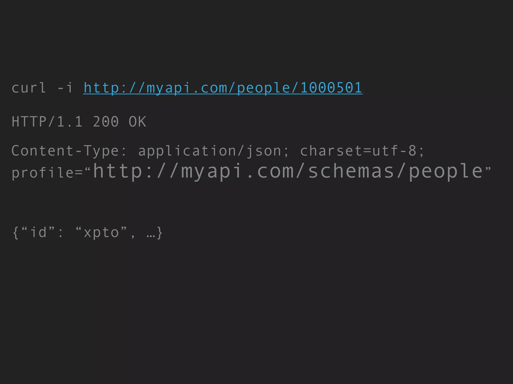 curl -i http://myapi.com/people/1000501 
 
HTTP/1.1 200 OK
Content-Type: application/json; charset=utf-8;
profile=“http://myapi.com/schemas/people”
{“id”: “xpto”, …}
 