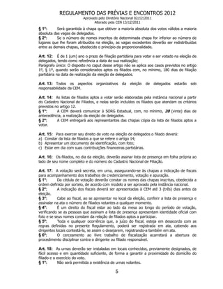 REGULAMENTO DAS PRÉVIAS E ENCONTROS 2012
                           Aprovado pelo Diretório Nacional 02/12/2011
                                 Alterado pela CEN 13/12/2011
§ 1º:      Será garantida à chapa que obtiver a maioria absoluta dos votos válidos a maioria
absoluta das vagas de delegados.
§ 2º:      Se o número de nomes inscritos de determinada chapa for inferior ao número de
lugares que lhe foram atribuídos na eleição, as vagas excedentes deverão ser redistribuídas
entre as demais chapas, obedecido o princípio da proporcionalidade.

Art. 12: É de 1 (um) ano o prazo de filiação partidária para votar e ser votado na eleição de
delegados, tendo como referência a data de sua realização;
Parágrafo único: O disposto no caput desse artigo não se aplica aos casos previstos no artigo
1º, § 1º, quando serão considerados aptos os filiados com, no mínimo, 180 dias de filiação
partidária na data de realização da eleição de delegados.

Art. 13: Todos os aspectos         organizativos   da   eleição   de     delegados   estarão   sob
responsabilidade da CEM.

Art. 14: As listas de filiados aptos a votar serão elaboradas pela instância nacional a partir
do Cadastro Nacional de Filiados, e nelas serão incluídos os filiados que atendam os critérios
previstos no artigo 12.
§ 1º:      A CEM deverá comunicar à SORG Estadual, com, no mínimo, 20 (vinte) dias de
antecedência, a realização da eleição de delegados.
§ 2º:      A CEM entregará aos representantes das chapas cópia da lista de filiados aptos a
votar.

Art. 15: Para exercer seu direito de voto na eleição de delegados o filiado deverá:
a) Constar da lista de filiados a que se refere o artigo 14;
b) Apresentar um documento de identificação, com foto;
c) Estar em dia com suas contribuições financeiras partidárias.

Art. 16: Os filiados, no dia da eleição, deverão assinar lista de presença em folha própria ao
lado de seu nome completo e do número do Cadastro Nacional de Filiação.

Art. 17: A votação será secreta, em urna, assegurando-se às chapas a indicação de fiscais
para acompanhamento dos trabalhos de credenciamento, votação e apuração.
§ 1º:       Da cédula de votação deverão constar os nomes das chapas inscritas, obedecida a
ordem definida por sorteio, de acordo com modelo a ser aprovado pela instância nacional.
§ 2º:       A indicação dos fiscais deverá ser apresentadas à CEM até 3 (três) dias antes da
eleição.
§ 3º:       Cabe ao fiscal, ao se apresentar no local da eleição, conferir a lista de presença e
assinalar na ata o número de filiados votantes a qualquer momento.
§ 4º:       É um direito do fiscal estar ao lado da mesa ao longo do período de votação,
verificando se as pessoas que assinam a lista de presença apresentam identidade oficial com
foto e se seus nomes constam da relação de filiados aptos a participar.
§ 5º:       Toda e qualquer ocorrência que, a juízo do fiscal, esteja em desacordo com as
regras definidas no presente Regulamento, poderá ser registrada em ata, cabendo aos
dirigentes locais contestá-la, se assim o desejarem, registrando-a também em ata.
§ 6º:       O cerceamento ao livre trabalho de fiscalização acarretará a abertura de
procedimento disciplinar contra o dirigente ou filiado responsável.

Art. 18: As urnas deverão ser instaladas em locais conhecidos, previamente designados, de
fácil acesso e em quantidade suficiente, de forma a garantir a proximidade do domicílio do
filiado e o exercício do voto.
§ 1º:        Não será permitida a existência de urnas volantes.

                                               5
 