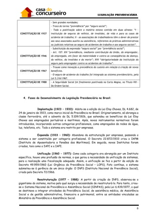 6
CONSTITUIÇÃO DE 1937
- Sem grandes novidades;
- Troca do termo “previdência” por “seguro social”;
- Toda a positivação sobre a matéria estava contida em duas alíneas: “I –
instituição de seguros de velhice, de invalidez, de vida e para os casos de
acidente de trabalho; II – as associações de trabalhadores têm o dever de prestar
aos seus associados auxílio ou assistência, referentes às práticas administrativas
ou judiciais relativas ao seguro de acidentes de trabalho e aos seguros sociais”.
CONSTITUIÇÃO DE 1946
- Substituição da expressão “seguro social” por “previdência social”;
- Art. 157: XVI “previdência, mediante contribuição da União, do empregador,
do empregado, em favor da maternidade e contra as conseqüências da doença,
da velhice, da invalidez e da morte”; XVII “obrigatoriedade da instituição do
seguro pelo empregador contra os acidentes de trabalho”.
CONSTITUIÇÃO DE 1967
- Trouxe como inovação a precedência do custeio em relação à criação de novos
benefícios.
- O seguro de acidente do trabalho foi integrado ao sistema previdenciário, pela
Lei 5.316/1967.
CONSTITUIÇÃO DE 1988 - A Seguridade Social foi finalmente positivada na Carta Magna, no Título VIII –
Da Ordem Social.
4. Fases do Desenvolvimento da Legislação Previdenciária no Brasil:
Implantação (1923 – 1933): Adota-se a edição da Lei Eloy Chaves, DL 4.682, de
24 de janeiro de 1923, como marco inicial da Previdência no Brasil. Originariamente, só abrangia a
classe ferroviária, até o advento do DL 5.109/1926, que estendeu os benefícios da Lei Eloy
Chaves aos empregados portuários e marítimos. Após, novos instrumentos normativos foram
introduzidos, incorporando outras categorias profissionais, como empregados de redes de água,
luz, telefonia, etc. Todo o sistema era restrito por empresas.
Expansão (1933 – 1960): Abandono da estruturação por empresas, passando o
sistema a ser constituído por categoria profissional. O Decreto 22.872/1933 criou o IAPM
(Instituto de Aposentadoria e Pensões dos Marítimos). Em seguida, novos Institutos foram
criados, tais como o IAPC e o IAPI.
Unificação (1960 – 1977): Como cada categoria era abrangida por um Instituto
específico, houve uma profusão de normas, o que gerou a necessidade de unificação de sistemas,
para a realização uma fiscalização adequada. Assim, a unificação se fez a partir da edição do
Decreto 49.959/1960 (Lei Orgânica da Previdência Social – LOPS). Fato contínuo, o sistema
submeteu-se à gerência de um único órgão: O INPS (Instituto Nacional de Previdência Social),
criado pelo Decreto 72/1966.
Reestruturação (1977 – 1988): A partir da criação do INPS, observou-se o
gigantismo do sistema, motivo pelo qual surgiu a necessidade de reestruturá-lo. Para tanto, criou-
se o Sistema Nacional de Previdência e Assistência Social (SINPAS), pela Lei 6.439/1977, o qual
se destinava a integrar atividades da Previdência Social, de assistência médica, de Assistência
Social e de gestão administrativa, financeira e patrimonial, entre as entidades vinculadas ao
Ministério da Previdência e Assistência Social.
 