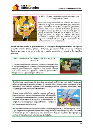 63
Entende-se como acidente de qualquer natureza ou causa aquele de origem traumática e por exposição
a agentes exógenos (físicos, químicos e biológicos), que acarrete lesão corporal ou perturbação
funcional que cause a morte, a perda, ou a redução permanente ou temporária da capacidade
laborativa.
 