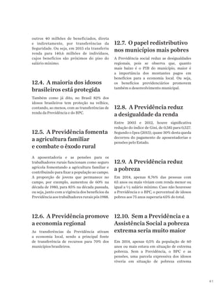 41
outros 40 milhões de beneficiados, direta
e indiretamente, por transferências da
Seguridade. Ou seja, em 2015 ela transferiu
renda para 140,6 milhões de indivíduos,
cujos benefícios são próximos do piso do
salário mínimo.
12.4. A maioria dos idosos
brasileiros está protegida
Também como já dito, no Brasil 82% dos
idosos brasileiros tem proteção na velhice,
contando, ao menos, com as transferências de
renda da Previdência e do BPC.
12.5. A Previdência fomenta
a agricultura familiar
e combate o êxodo rural
A aposentadoria e as pensões para os
trabalhadores rurais funcionam como seguro
agrícola fomentando a agricultura familiar e
contribuindo para fixar a população ao campo.
A proporção de jovens que permanece no
campo, por exemplo, aumentou de 60% na
década de 1980, para 85% na década passada,
ou seja, junto com a vigência dos benefícios da
Previdênciaaostrabalhadoresruraispós1988.
12.6. A Previdência promove
a economia regional
As transferências da Previdência ativam
a economia local, sendo a principal fonte
de transferência de recursos para 70% dos
municípios brasileiros.
12.7. O papel redistributivo
nos municípios mais pobres
A Previdência social reduz as desigualdades
regionais, pois se observa que, quanto
mais baixo é o PIB do município, maior é
a importância dos montantes pagos em
benefícios para a economia local. Ou seja,
os benefícios previdenciários promovem
também o desenvolvimento municipal.
12.8. A Previdência reduz
a desigualdade da renda
Entre 2003 e 2012, houve significativa
redução do índice de Gini, de 0,581 para 0,527.
Segundo o Ipea (2015), quase 30% desta queda
decorreu do pagamento de aposentadorias e
pensões pelo Estado.
12.9. A Previdência reduz
a pobreza
Em 2014, apenas 8,76% das pessoas com
65 anos ou mais viviam com renda menor ou
igual a ½ salário mínimo. Caso não houvesse
a Previdência e o BPC, o percentual de idosos
pobres aos 75 anos superaria 65% do total.
12.10. Sem a Previdência e a
Assistência Social a pobreza
extrema seria muito maior
Em 2014, apenas 0,5% da população de 60
anos ou mais estava em situação de extrema
pobreza. Sem a Previdência, o BPC e as
pensões, uma parcela expressiva dos idosos
viveria em situação de pobreza extrema
 