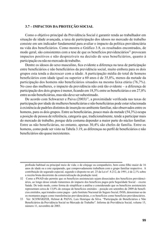 99
3.7 – Impactos da Proteção Social
Como o objetivo principal da Previdência Social é garantir renda ao trabalhador em
situação de idade avançada, a taxa de participação dos idosos no mercado de trabalho
consiste em um indicador fundamental para avaliar o impacto da política previdenciária
na vida dos beneficiários. Como mostra o Gráfico 3.8, os resultados encontrados, de
modo geral, são consistentes com a tese de que os benefícios previdenciários32
provocam
impactos positivos e não desprezíveis na decisão de seus beneficiários, quanto à
participaçãoounãonomercadodetrabalho.
Dentre os idosos do sexo masculino, fica evidente a diferença na taxa de participação
entre beneficiários e não beneficiários da previdência social, muito embora para os dois
grupos esta tenda a decrescer com a idade. A participação média do total de homens
beneficiários com idade igual ou superior a 60 anos é de 35,8%, menos da metade da
participação dos homens não beneficiários situados na mesma faixa etária (76,7%).
No caso das mulheres, o impacto da previdência não está tão evidente – a diferença de
participação dos dois grupos é menor, ficando em 18,5% entre as beneficiárias e em 27,8%
entreasnãobeneficiárias,masnãodevesersubestimado.
De acordo com Schwarzer e Paiva (2003)33
, a proximidade verificada nas taxas de
participação por idade de mulheres beneficiárias e não beneficiárias pode estar relacionada
à existência de padrões distintos de inserção no ambiente familiar, não observados entre os
homens, para os dois grupos. Entre as beneficiárias, pouco mais da metade (54,3%) ocupa
a posição de pessoa de referência, categoria que, tradicionalmente, tende a participar mais
do mercado de trabalho, porque dela costuma depender a maior parte do núcleo familiar.
Entre as não beneficiárias, no entanto, apenas 30,4% são chefes de família. Entre os
homens, como pode ser visto na Tabela 3.19, as diferenças no perfil de beneficiários e não
beneficiáriossãoquaseinexistentes.
profissão habitual ou principal meio de vida; e de cônjuge ou companheiro, bem como filho maior de 16
anos de idade ou a este equiparado, que comprovadamente trabalhem com o grupo familiar respectivo. A
contribuição do segurado especial, segundo o disposto no art. 25 da Lei nº. 8.212, de 1991, é de 2,1% sobre
a receita bruta decorrente da comercialização da produção rural.
32	 Como a PNAD não permite que os benefícios assistenciais sejam dissociados dos benefícios previdenci-
ários, ao longo desse estudo trataremos do impacto dos benefícios pagos pela Seguridade Social – exceto
Saúde. De todo modo, como forma de simplificar a análise e considerando que os benefícios assistenciais
representam cerca de 13,0% do estoque de benefícios emitidos – posição em setembro de 2009 de benefí-
cios emitidos, aqui tratados como pagos – pelo Instituto Nacional do Seguro Social, INSS, denominar-se-ão
os montantes pagos como transferências previdenciárias, e os benefícios como benefícios previdenciários.
33	 Ver: SCHWARZER, Helmut & PAIVA, Luis Henrique da Silva. “Participação de Beneficiários e Não
Beneficiários da Previdência Social no Mercado de Trabalho”. Informe de Previdência Social, volume 15,
número 11, novembro de 2003.
 