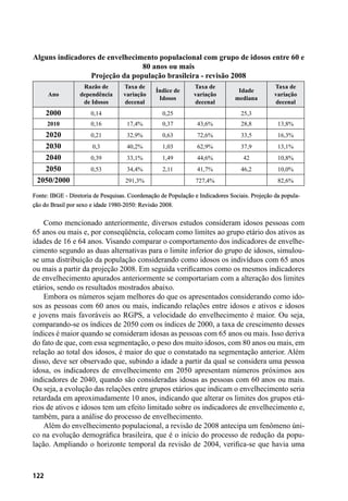 122
Alguns indicadores de envelhecimento populacional com grupo de idosos entre 60 e
80 anos ou mais
Projeção da população brasileira - revisão 2008
Ano
Razão de
dependência
de Idosos
Taxa de
variação
decenal
Índice de
Idosos
Taxa de
variação
decenal
Idade
mediana
Taxa de
variação
decenal
2000 0,14 0,25 25,3
2010 0,16 17,4% 0,37 43,6% 28,8 13,8%
2020 0,21 32,9% 0,63 72,6% 33,5 16,3%
2030 0,3 40,2% 1,03 62,9% 37,9 13,1%
2040 0,39 33,1% 1,49 44,6% 42 10,8%
2050 0,53 34,4% 2,11 41,7% 46,2 10,0%
2050/2000 291,3% 727,4% 82,6%
Fonte: IBGE - Diretoria de Pesquisas. Coordenação de População e Indicadores Sociais. Projeção da popula-
ção do Brasil por sexo e idade 1980-2050: Revisão 2008.
Como mencionado anteriormente, diversos estudos consideram idosos pessoas com
65 anos ou mais e, por conseqüência, colocam como limites ao grupo etário dos ativos as
idades de 16 e 64 anos. Visando comparar o comportamento dos indicadores de envelhe-
cimento segundo as duas alternativas para o limite inferior do grupo de idosos, simulou-
se uma distribuição da população considerando como idosos os indivíduos com 65 anos
ou mais a partir da projeção 2008. Em seguida verificamos como os mesmos indicadores
de envelhecimento apurados anteriormente se comportariam com a alteração dos limites
etários, sendo os resultados mostrados abaixo.
Embora os números sejam melhores do que os apresentados considerando como ido-
sos as pessoas com 60 anos ou mais, indicando relações entre idosos e ativos e idosos
e jovens mais favoráveis ao RGPS, a velocidade do envelhecimento é maior. Ou seja,
comparando-se os índices de 2050 com os índices de 2000, a taxa de crescimento desses
índices é maior quando se consideram idosas as pessoas com 65 anos ou mais. Isso deriva
do fato de que, com essa segmentação, o peso dos muito idosos, com 80 anos ou mais, em
relação ao total dos idosos, é maior do que o constatado na segmentação anterior. Além
disso, deve ser observado que, subindo a idade a partir da qual se considera uma pessoa
idosa, os indicadores de envelhecimento em 2050 apresentam números próximos aos
indicadores de 2040, quando são consideradas idosas as pessoas com 60 anos ou mais.
Ou seja, a evolução das relações entre grupos etários que indicam o envelhecimento seria
retardada em aproximadamente 10 anos, indicando que alterar os limites dos grupos etá-
rios de ativos e idosos tem um efeito limitado sobre os indicadores de envelhecimento e,
também, para a análise do processo de envelhecimento.
Além do envelhecimento populacional, a revisão de 2008 antecipa um fenômeno úni-
co na evolução demográfica brasileira, que é o início do processo de redução da popu-
lação. Ampliando o horizonte temporal da revisão de 2004, verifica-se que havia uma
 