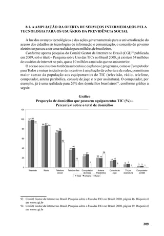209
8.1. Aampliação da oferta de serviços intermediados pela
tecnologia para os usuários da Previdência Social
À luz dos avanços tecnológicos e das ações governamentais para a universalização do
acesso dos cidadãos às tecnologias de informação e comunicação, o conceito de governo
eletrônicopassouaserumarealidadeparamilhõesdebrasileiros.
Conforme aponta pesquisa do Comitê Gestor da Internet no Brasil (CGI)93
publicada
em 2009, sob o título - Pesquisa sobre Uso das TICs no Brasil 2008, já existem 54 milhões
deusuáriosdeinternetnopaís,quase10milhõesamaisdoquenoanoanterior.
O acesso aos insumos também aumentou e os planos e programas, como o Computador
para Todos e outras iniciativas de incentivo à ampliação da cobertura de redes, permitiram
maior acesso da população aos equipamentos de TIC (televisão, rádio, telefone,
computador, antena parabólica, console de jogo e tv por assinatura). O computador, por
exemplo, já é uma realidade para 26% dos domicílios brasileiros94
, conforme gráfico a
seguir.
Gráfico
Proporção de domicílios que possuem equipamentos TIC (%) –
Percentual sobre o total de domicílios
93	 Comitê Gestor da Internet no Brasil. Pesquisa sobre o Uso das TICs no Brasil, 2008, página 46. Disponível
em www.cgi.br
94	 Comitê Gestor da Internet no Brasil. Pesquisa sobre o Uso das TICs no Brasil, 2008, página 89. Disponível
em www.cgi.br
 