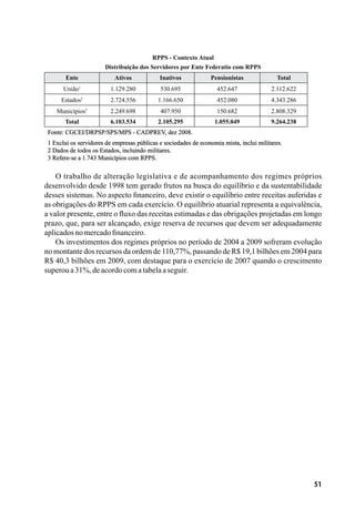51
RPPS - Contexto Atual
Distribuição dos Servidores por Ente Federatio com RPPS
Ente Ativos Inativos Pensionistas Total
União1
1.129.280 530.695 452.647 2.112.622
Estados2
2.724.556 1.166.650 452.080 4.343.286
Municípios3
2.249.698 407.950 150.682 2.808.329
Total 6.103.534 2.105.295 1.055.049 9.264.238
Fonte: CGCEI/DRPSP/SPS/MPS - CADPREV, dez 2008.
1 Exclui os servidores de empresas públicas e sociedades de economia mista, inclui militares.
2 Dados de todos os Estados, incluindo militares.
3 Refere-se a 1.743 Municípios com RPPS.
O trabalho de alteração legislativa e de acompanhamento dos regimes próprios
desenvolvido desde 1998 tem gerado frutos na busca do equilíbrio e da sustentabilidade
desses sistemas. No aspecto financeiro, deve existir o equilíbrio entre receitas auferidas e
as obrigações do RPPS em cada exercício. O equilíbrio atuarial representa a equivalência,
a valor presente, entre o fluxo das receitas estimadas e das obrigações projetadas em longo
prazo, que, para ser alcançado, exige reserva de recursos que devem ser adequadamente
aplicadosnomercadofinanceiro.
Os investimentos dos regimes próprios no período de 2004 a 2009 sofreram evolução
no montante dos recursos da ordem de 110,77%, passando de R$ 19,1 bilhões em 2004 para
R$ 40,3 bilhões em 2009, com destaque para o exercício de 2007 quando o crescimento
superoua31%,deacordocomatabelaaseguir.
 