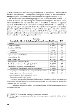 74
(8,8%) – diferenciados em função de particularidades na contribuição e elegibilidade ao
benefício previdenciário –, dos segurados dos Regimes Próprios de Previdência Social –
RPPS(7,3%)edosnãocontribuintesquerecebembenefíciosprevidenciários(1,4%).
Os trabalhadores socialmente desprotegidos, que, como mencionado, somam 28,61
milhões de pessoas, em 2008, são aqueles que não contribuem para a Previdência Social,
não recebem benefícios previdenciários e não se enquadram na categoria de segurados
especiais (trabalhadores rurais que contam com regras diferenciadas de contribuição e
de elegibilidade para o recebimento de benefícios). Desse contingente24
, 14,91 milhões
possuem capacidade contributiva, ou seja, renda mensal igual a um salário-mínimo
ou superior, e poderiam ser incorporados ao RGPS. Outros 13,17 milhões, entretanto,
possuem rendimentos inferiores ao valor do salário-mínimo e, portanto, dificilmente
teriamcondiçõesdecontribuirparaaPrevidência25
.
Tabela 3.1
Proteção Previdenciária da População Ocupada entre 16 e 59 anos* - 2008
Categorias Total %
Contribuintes RGPS (A) 40.680.621 48,4
Contribuintes RPPS (B) 6.134.989 7,3
Militares 260.502 0,3
Estatutarios 5.874.487 7,0
Segurados Especiais** (RGPS) (C) 7.364.571 8,8
Não contribuintes (D) 29.791.990 35,5
Total (E=A+B+C+D) 83.972.171 100,0
Beneficiários não contribuintes*** (F) 1.178.369 1,4
Trabalhadores Socialmente Protegidos (A+B+C+F) 55.358.550 65,9
Trabalhadores Socialmente Desprotegidos (D-F) 28.613.621 34,1
Desprotegidos com rendimento inferior a 1 salário mínimo 13.168.388 15,7
Desprotegidos com rendimento igual ou superior a 1 salário mínimo 14.913.091 17,8
Desprotegidos com rendimento ignorado 532.142 0,6
Fonte:PNAD/IBGE–2008.Elaboração:SPS/MPS.
*Independentementedecritérioderenda.
** Moradores da zona rural dedicados a atividades agrícolas, nas seguintes posições na ocupação: sem
carteira, conta própria, produção para próprio consumo, construção para próprio uso e não remunerados,
respeitadaaidadeentre16e59anos.
*** Trabalhadores ocupados (excluídos os segurados especiais) que, apesar de não contribuintes, recebem
benefícioprevidenciário.
24	 Exclusive 532.142 mil pessoas sem declaração do valor do rendimento.
25	 Os desprotegidos sem capacidade contributiva tendem a ser potenciais beneficiários de políticas de Assis-
tência Social.
 