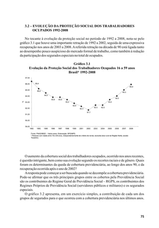 75
3.2 – Evolução da Proteção Social dos Trabalhadores
	 Ocupados 1992-2008
No tocante à evolução da proteção social no período de 1992 a 2008, nota-se pelo
gráfico 3.1 que houve uma importante retração de 1992 a 2002, seguida de uma expressiva
recuperação nos anos de 2003 a 2008.Areferida retração na década de 90 está ligada tanto
ao desempenho pouco auspicioso do mercado formal de trabalho, como também à redução
daparticipaçãodosseguradosespeciaisnototaldeocupados.
Gráfico 3.1
Evolução da Proteção Social dos Trabalhadores Ocupados 16 a 59 anos
Brasil* 1992-2008
O aumento da cobertura social dos trabalhadores ocupados, ocorrido nos anos recentes,
é questão intrigante, bem como sua evolução segundo os recortes raciais e de gênero. Quais
foram os determinantes da queda de cobertura previdenciária, ao longo dos anos 90, e da
recuperaçãoocorridaapósoanode2002?
Aresposta pode começar a ser buscada quando se decompõe a cobertura previdenciária.
Pode-se afirmar que os três principais grupos entre os cobertos pela Previdência Social
são os contribuintes do Regime Geral de Previdência Social – RGPS, os contribuintes dos
Regimes Próprios de Previdência Social (servidores públicos e militares) e os segurados
especiais.
O gráfico 3.2 apresenta, em um exercício simples, a contribuição de cada um dos
grupos de segurados para o que ocorreu com a cobertura previdenciária nos últimos anos.
 