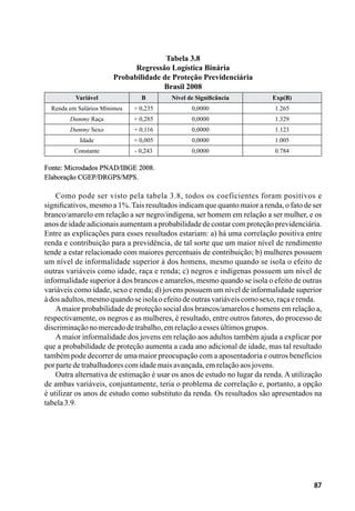 87
Tabela 3.8
Regressão Logística Binária
Probabilidade de Proteção Previdenciária
Brasil 2008
Variável B Nível de Significância Exp(B)
Renda em Salários Mínimos + 0,235 0,0000 1.265
Dummy Raça + 0,285 0,0000 1.329
Dummy Sexo + 0,116 0,0000 1.123
Idade + 0,005 0,0000 1.005
Constante - 0,243 0,0000 0.784
Fonte: Microdados PNAD/IBGE 2008.
Elaboração CGEP/DRGPS/MPS.
Como pode ser visto pela tabela 3.8, todos os coeficientes foram positivos e
significativos, mesmo a 1%.Tais resultados indicam que quanto maior a renda, o fato de ser
branco/amarelo em relação a ser negro/indígena, ser homem em relação a ser mulher, e os
anos de idade adicionais aumentam a probabilidade de contar com proteção previdenciária.
Entre as explicações para esses resultados estariam: a) há uma correlação positiva entre
renda e contribuição para a previdência, de tal sorte que um maior nível de rendimento
tende a estar relacionado com maiores percentuais de contribuição; b) mulheres possuem
um nível de informalidade superior à dos homens, mesmo quando se isola o efeito de
outras variáveis como idade, raça e renda; c) negros e indígenas possuem um nível de
informalidade superior à dos brancos e amarelos, mesmo quando se isola o efeito de outras
variáveis como idade, sexo e renda; d) jovens possuem um nível de informalidade superior
àdosadultos,mesmoquandoseisolaoefeitodeoutrasvariáveiscomosexo,raçaerenda.
Amaior probabilidade de proteção social dos brancos/amarelos e homens em relação a,
respectivamente, os negros e as mulheres, é resultado, entre outros fatores, do processo de
discriminaçãonomercadodetrabalho,emrelaçãoaessesúltimosgrupos.
A maior informalidade dos jovens em relação aos adultos também ajuda a explicar por
que a probabilidade de proteção aumenta a cada ano adicional de idade, mas tal resultado
também pode decorrer de uma maior preocupação com a aposentadoria e outros benefícios
porpartedetrabalhadorescomidademaisavançada,emrelaçãoaosjovens.
Outra alternativa de estimação é usar os anos de estudo no lugar da renda. A utilização
de ambas variáveis, conjuntamente, teria o problema de correlação e, portanto, a opção
é utilizar os anos de estudo como substituto da renda. Os resultados são apresentados na
tabela3.9.
 